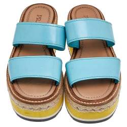 Pre Owned Prada Turquoise Leather Platform Espadrille Sandals Size 37.5