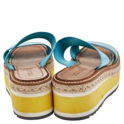 Pre Owned Prada Turquoise Leather Platform Espadrille Sandals Size 37.5