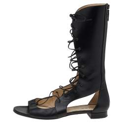 Pre Owned Prada Black Leather Lace Up Gladiator Flat Sandals Size 40