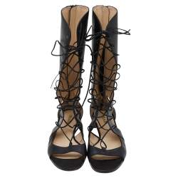 Pre Owned Prada Black Leather Lace Up Gladiator Flat Sandals Size 40