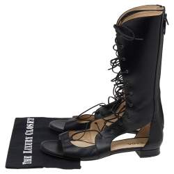 Pre Owned Prada Black Leather Lace Up Gladiator Flat Sandals Size 40