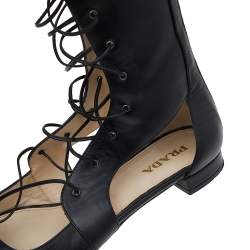 Pre Owned Prada Black Leather Lace Up Gladiator Flat Sandals Size 40