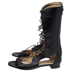 Pre Owned Prada Black Leather Lace Up Gladiator Flat Sandals Size 40