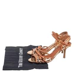 Pre Owned Prada Brown/Gold Leather Bow Ankle Strap Sandals Size 36