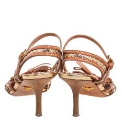 Pre Owned Prada Brown/Gold Leather Bow Ankle Strap Sandals Size 36