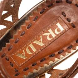 Pre Owned Prada Brown/Gold Leather Bow Ankle Strap Sandals Size 36