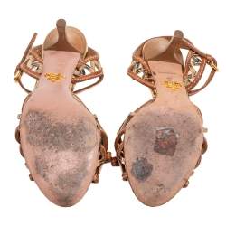 Pre Owned Prada Brown/Gold Leather Bow Ankle Strap Sandals Size 36