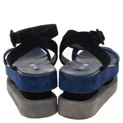 Pre Owned Prada Blue/Black Suede Merlot And Poppy Platform Ankle Strap Sandals Size 39