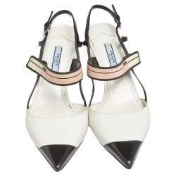Prada White/Black Leather  Pointed Toe Slingback Sandals Size 37