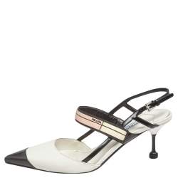 Prada White/Black Leather  Pointed Toe Slingback Sandals Size 37