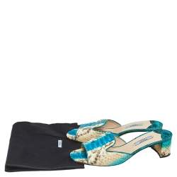 Pre Owned Prada Blue/Beige Python Leather Block Heel Slide Sandals Size 37