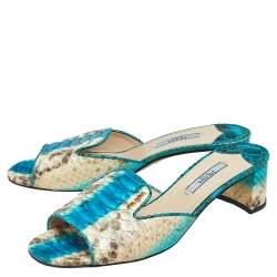Pre Owned Prada Blue/Beige Python Leather Block Heel Slide Sandals Size 37