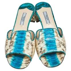 Pre Owned Prada Blue/Beige Python Leather Block Heel Slide Sandals Size 37