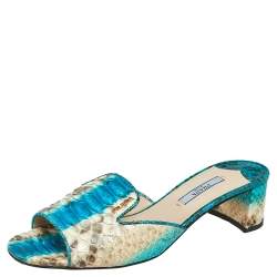 Pre Owned Prada Blue/Beige Python Leather Block Heel Slide Sandals Size 37