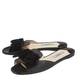 Pre Owned Prada Metallic Glitter and Velvet Flat Bow Slides Size 36.5