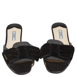 Pre Owned Prada Metallic Glitter and Velvet Flat Bow Slides Size 36.5