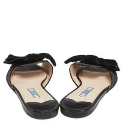 Pre Owned Prada Metallic Glitter and Velvet Flat Bow Slides Size 36.5