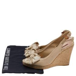 Prada Beige Canvas Bow Peep Toe Espadrille Wedge Sandals Size 37