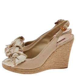 Prada Beige Canvas Bow Peep Toe Espadrille Wedge Sandals Size 37