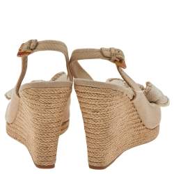Prada Beige Canvas Bow Peep Toe Espadrille Wedge Sandals Size 37