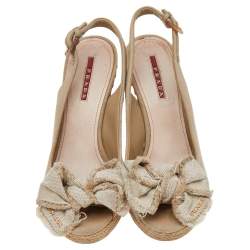 Prada Beige Canvas Bow Peep Toe Espadrille Wedge Sandals Size 37