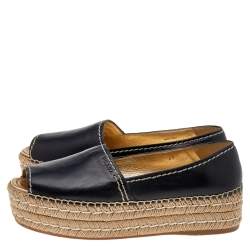 Pre Owned Prada Black Leather Peep Toe Platform Espadrille Flats Size 40