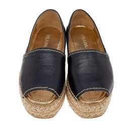 Pre Owned Prada Black Leather Peep Toe Platform Espadrille Flats Size 40