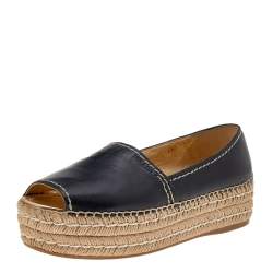 Pre Owned Prada Black Leather Peep Toe Platform Espadrille Flats Size 40