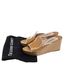 Pre Owned Prada Gold Saffiano Patent Leather Wedge Platform Slide Sandals Size 38