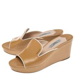 Pre Owned Prada Gold Saffiano Patent Leather Wedge Platform Slide Sandals Size 38