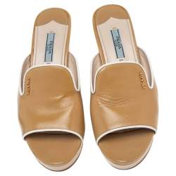 Pre Owned Prada Gold Saffiano Patent Leather Wedge Platform Slide Sandals Size 38