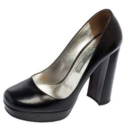 Pre Owned Prada Black Leather Platform Block Heel Pumps Size 36