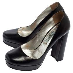 Pre Owned Prada Black Leather Platform Block Heel Pumps Size 36