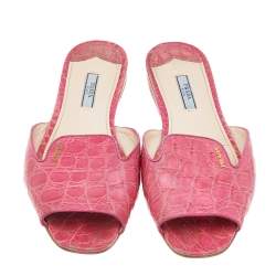 Pre Owned Prada Pink Croc Embossed Leather Flat Sandals Size 39.5
