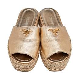 Pre Owned Prada Metallic Gold Leather Platform Espadrilles Size 38