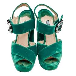 Pre Owned Prada Green Velvet Embellished Ankle Strap Sandals Size 39