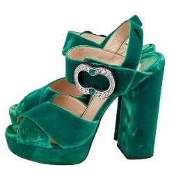Pre Owned Prada Green Velvet Embellished Ankle Strap Sandals Size 39