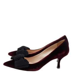 Pre Owned Prada Burgundy/Black Velvet Bow Pointed Toe Pumps Size 37