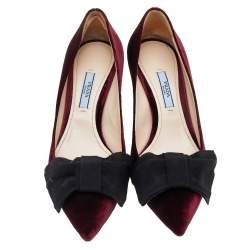 Pre Owned Prada Burgundy/Black Velvet Bow Pointed Toe Pumps Size 37