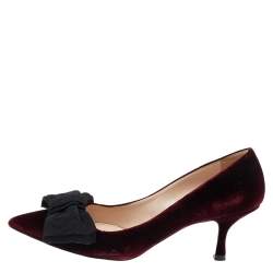 Pre Owned Prada Burgundy/Black Velvet Bow Pointed Toe Pumps Size 37