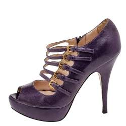 Pre Owned Prada Purple Leather Peep Toe Platform Ankle Strap Sandals Size 36