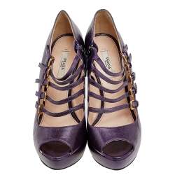 Pre Owned Prada Purple Leather Peep Toe Platform Ankle Strap Sandals Size 36