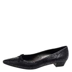 Pre Owned Prada Black Embroidered Leather Bow Pumps Size 40.5