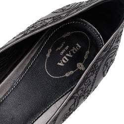 Pre Owned Prada Black Embroidered Leather Bow Pumps Size 40.5