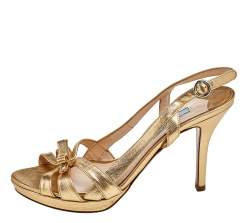 Pre Owned Prada Gold Leather Bow Open Toe Slingbck Sandals Size 38