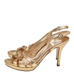 Pre Owned Prada Gold Leather Bow Open Toe Slingbck Sandals Size 38
