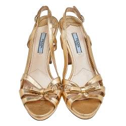 Pre Owned Prada Gold Leather Bow Open Toe Slingbck Sandals Size 38