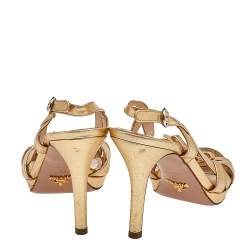 Pre Owned Prada Gold Leather Bow Open Toe Slingbck Sandals Size 38