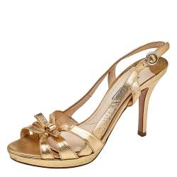Pre Owned Prada Gold Leather Bow Open Toe Slingbck Sandals Size 38