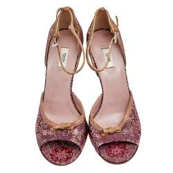 Prada Pink/Brown Brocade Fabric And Lizard Leather Ankle Strap Sandals Size 38